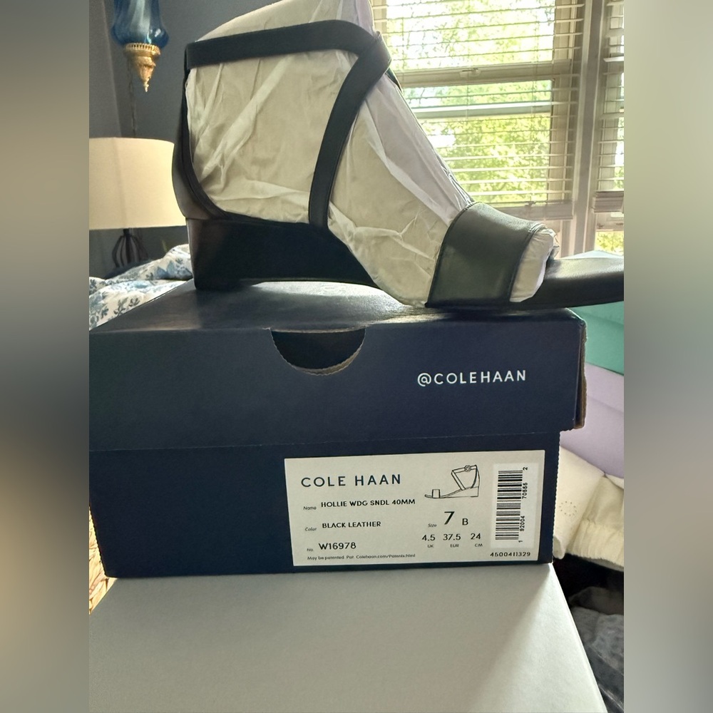 Cole Haan Black Leather Wedge Sandals - New in box